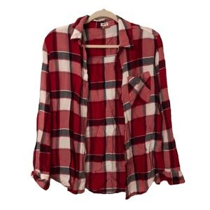 Garage Red Plaid Boyfriend Flannel Button Up Long Sleeve Shirt